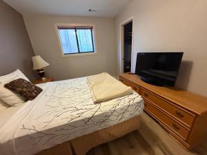 a bedroom with a bed and a flat screen tv at Mountain House motor Inn Downtown Gatlinburg in Gatlinburg