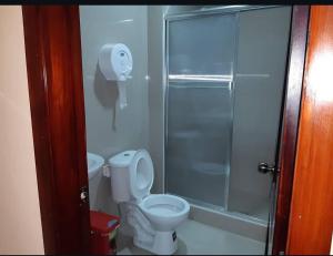 a bathroom with a toilet and a shower at Hostal Iruña in Loja