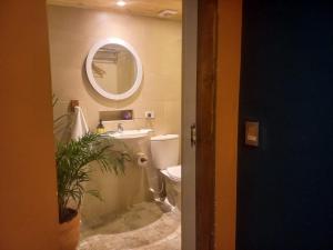 a bathroom with a toilet and a sink and a mirror at Rincon Acogedor in Bogotá