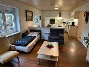 a living room with a couch and a table at Idyllische Wohnung in ruhiger Lage Nähe BAB A6! in Illschwang