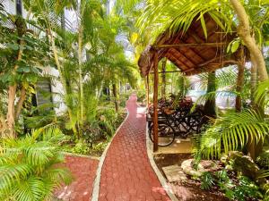 a walkway through a tropical garden with palm trees at Amazing 2 bedroom condo steps from the beach! in Playa del Carmen