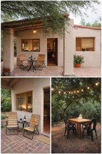 two pictures of a patio with a table and chairs at El Sueñero in Tilcara +7 photos