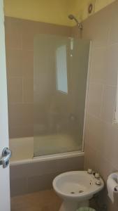 a bathroom with a white toilet and a sink at La Posada del Camino in Dina Huapi