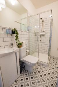 a bathroom with a toilet and a shower and a sink at Superb Marina Studio- Sleeps 3 in Dublin