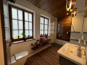 a bathroom with a sink and a toilet and windows at Dako Apartment, Luxurious, Cosy, Spacious in Rzeszów