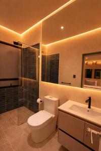 a bathroom with a toilet and a shower and a sink at Suite privada en hotel Boutique in Bogotá