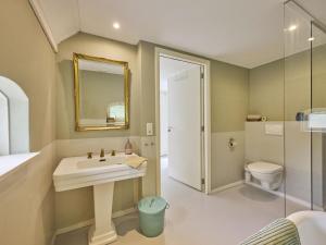 a bathroom with a sink and a mirror and a toilet at Design Lodge Twente in Haaksbergen +28 photos