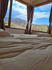 a bed in a room with a large window at Cabaña los amarillos in Huacalera