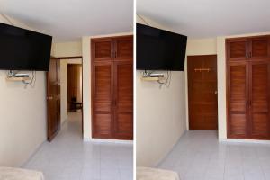 two pictures of a room with a flat screen tv at Hotel ladymar cartagena in Cartagena de Indias
