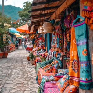 a market with a bunch of shirts on display on a street at Hotel Nakbé Atitlán in Panajachel