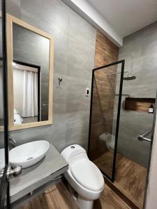a bathroom with a toilet and a sink and a shower at La Posada del Pastor in Tarapoto +57 photos
