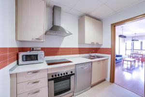 een keuken met een wastafel en een magnetron bij Apartamentos Legazpi in Albacete