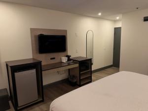 a bedroom with a bed and a desk with a television at Ramada by Wyndham Albany GA in Albany