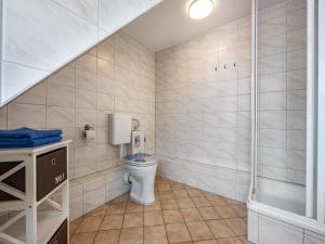 a bathroom with a toilet and a walk in shower at Stilvolles Studio nahe Müritzsee in Buchholz in Buchholz +25 photos