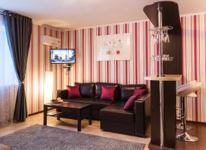 カルーガにあるYolki Apartmentsのリビングルーム(革張りのソファ、テレビ付)