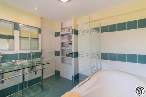 a bathroom with a tub and a glass shower at La ferme in Ponlat-Taillebourg +43 photos