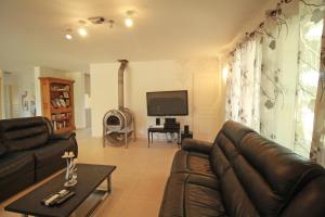 a living room with a couch and a tv at Le pin parasol in Arnac-la-Poste