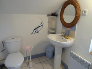 a bathroom with a sink and a toilet and a mirror at Les séquoias in Javerdat +8 photos