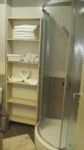 a shower stall in a bathroom with towels and a toilet at Apartments Vanja i Vrh in Kopaonik +33 photos