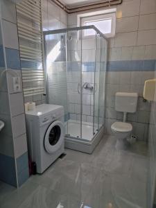 a bathroom with a washing machine and a toilet at Studio Apartman Grgurić in Karlovac
