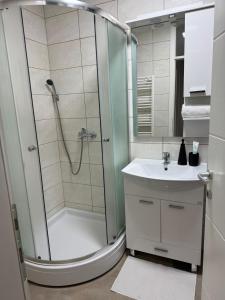 a bathroom with a shower and a sink at White Horizon Apartment in Teslić