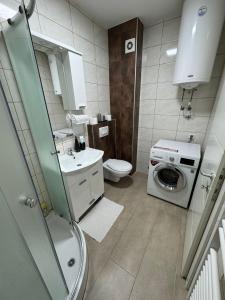a bathroom with a sink and a washing machine at White Horizon Apartment in Teslić