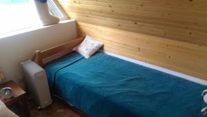 a bed in a room with a wooden wall at Holiday Home Stella in Žabljak