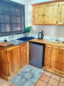 a kitchen with wooden cabinets and a stainless steel refrigerator at Meya B in Harrismith