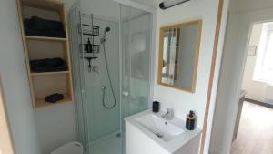 a bathroom with a glass shower and a sink at Au 24 a connerre in Connerré +9 photos