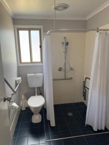 a bathroom with a toilet and a shower at Clarence Head Caravan Park in Iluka