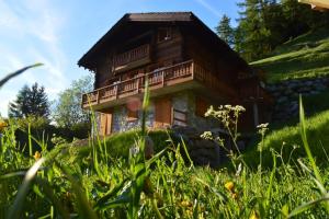 a wooden house on a hill with a grass field at Chalet Grouse in Ayer