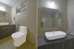two pictures of a bathroom with a toilet and a sink at FabHotel Palm Tree in Hyderabad +29 photos