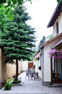 a patio with a tree and a table and chairs at Páva Apartmanház in Makó