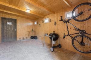 a bike hanging on the wall of a room at Apartmany u Polanských Lednice in Lednice