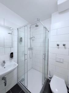 a bathroom with a shower and a toilet and a sink at Apartment Hotel Wittenau in Berlin