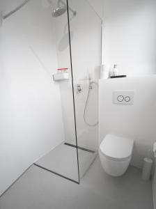 a white bathroom with a toilet and a shower at Heggerank 5a in Nieuwvliet