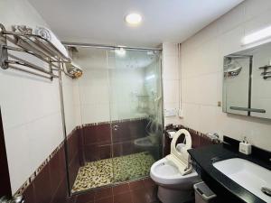 a bathroom with a shower and a toilet and a sink at Kim's Home in Ba Dinh in Hanoi