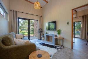 a living room with a couch and a fireplace at Spoorzicht in Marloth Park