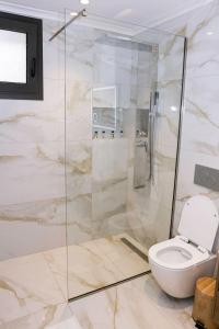 a bathroom with a toilet and a glass shower at Relaxury Villa III in Karpathos +8 photos