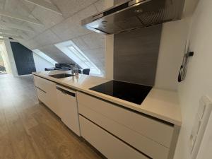 a kitchen with a sink and a counter top at Tollundgaard Golf Park & Apartments in Funder Kirkeby
