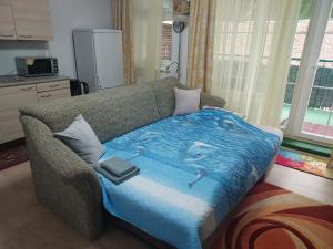 a living room with a couch with a blue blanket at Apartment Lilianna in Karlovy Vary