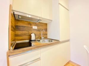eine kleine Küche mit weißen Schränken und einer Spüle in der Unterkunft Villa Blanca - Risan in Risan + 69 Fotos
