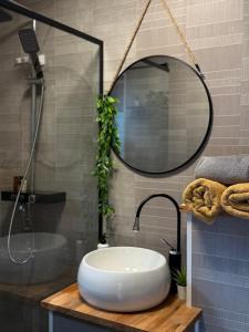 a bathroom with a white sink and a mirror at Apusenity Resort I Piscină Interioară & Cabane în Natură in Cluj-Napoca