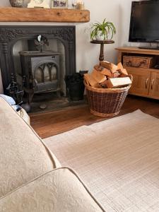 a living room with a fireplace and a basket of logs at Buddleia Cottage Trewoon, St Austell in St Austell