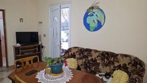 a cat sitting on a couch in a living room at Honey-House Kastrioti Adventures in Përmet
