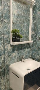a bathroom with a sink and a potted plant under a mirror at A&Bpikermistudios2 in Pikérmion