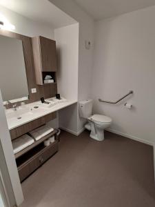 a bathroom with a toilet and a sink and a mirror at Domitys Le Griffon d’Or in Saint-Brieuc +20 photos