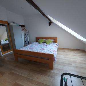 a bedroom with a bed and a mirror on the floor at Hidden place in pure center in Novi Sad
