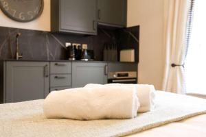 a white towel sitting on top of a counter in a kitchen at Lovely Studio Flat on Bath Road - Flat 10 in Bristol +20 photos