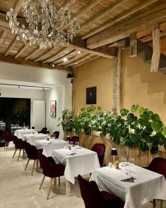 a dining room with tables and chairs and a chandelier at Hôtel Restaurant - Les Oiseaux de Passage in Harre